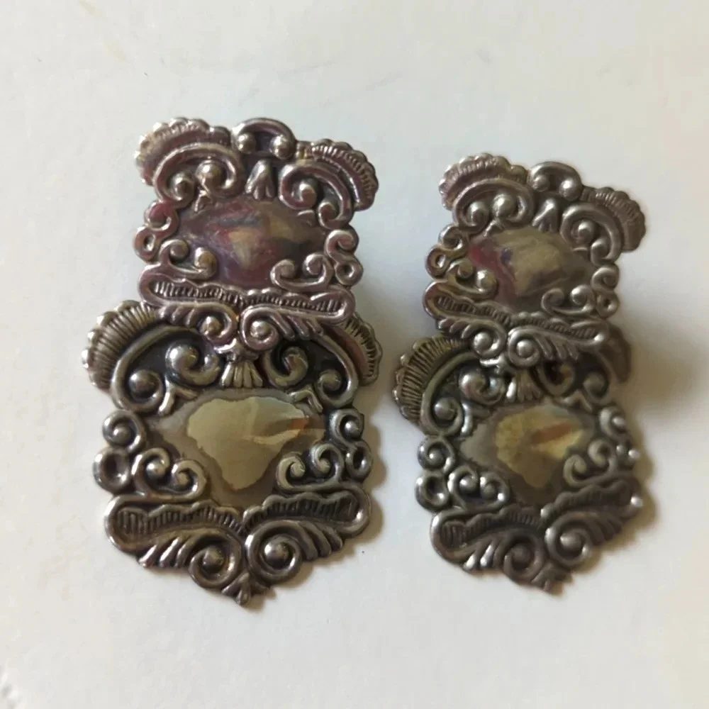 Vintage Sterling Silver Etruscan Earrings - Picture 2 of 6